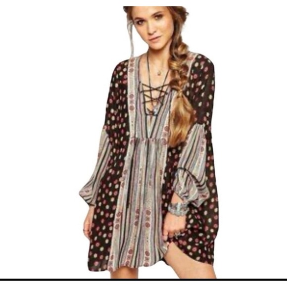Free People Women's Long Sleeve Mini Dress Rain Shine Boho Tunic Cottagecore Sm - Picture 1 of 7